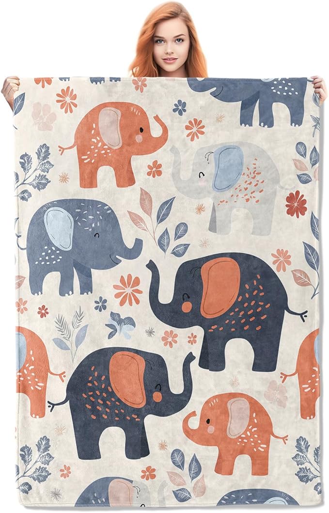 Cute Elephant Blanket Gifts for Adults Kids Soft Warm Lightweight Cozy Flannel Animal Elephants and Florals Throw Blankets for Bed Sofa Couch Living Room Decor 80x60in