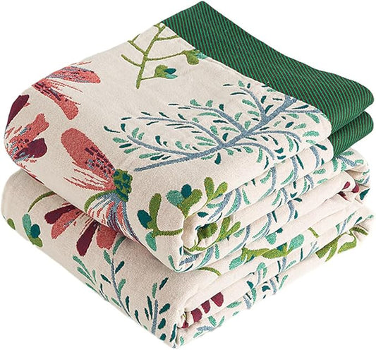 Boho Throw Blanket, 100% Organic Cotton Breathable Ultra Soft 80" x 90" Bed Quilt Throw - All Season Floral Rustic Farmhouse Decor Luxury Reversible Blanket for Sofa Couch Chair and Gift