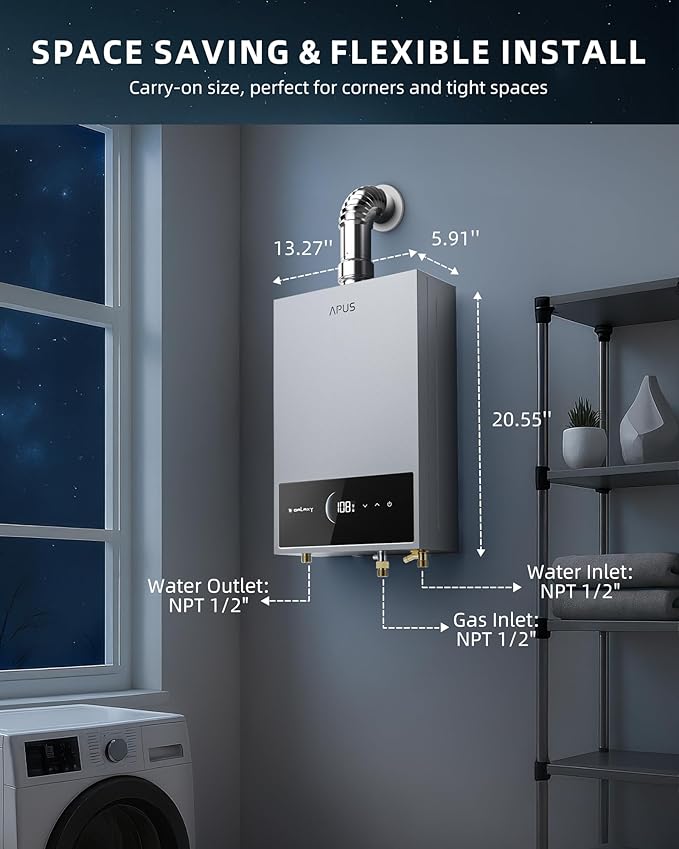 APUS Tankless Water Heater Propane Gas, Up to 4.42 GPM, Indoor Hot Water Heater, 95,000 BTU on Demand Instant Hot Water Heaters with Smart Digital Display, Space Gray