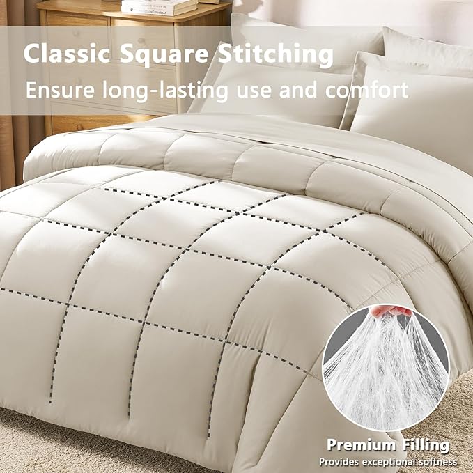 CozyLux King Size Comforter Set Oatmeal - 7 Pieces Bed in a Bag King, Okeo-Tex Certifited Bedding Set, All Season Soft Bed Set with Down Alternative Comforter, Sheets, Pillowcases & Pillow Shams