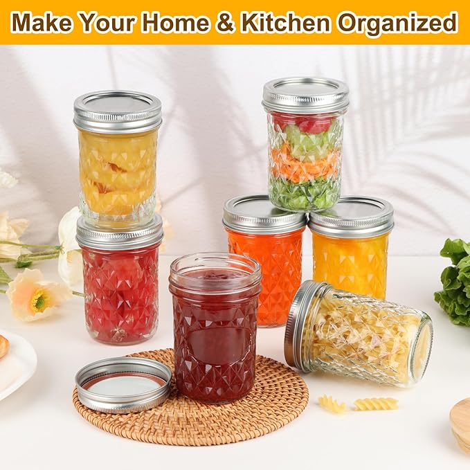 24 Pack Mason Jars 8 oz with Regular Lids and Bands, Half Pint Canning Jars, Small Glass Jars for Honey Jelly Jam Crafts