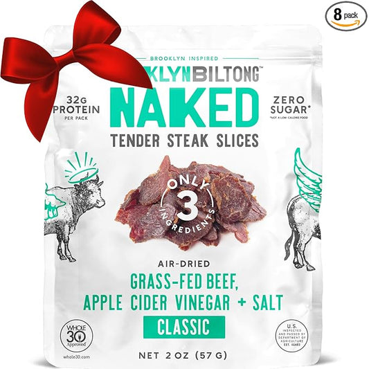 Brooklyn Naked Tender Slices Air Dried Grass Fed Beef Snack, Stripped down Clean Beef Jerky (2oz, Pack of 8) - AIP, Approved, Whole30 Approved, Paleo, Keto, Gluten Free, Sugar Free, Made in USA - (Naked Classic)