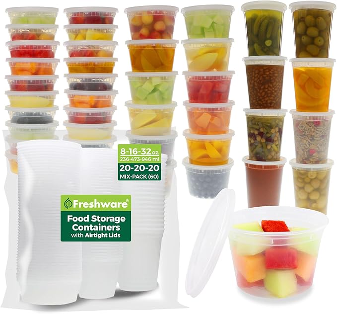 Freshware Food Storage Containers with Lids [8/16/32 oz x 20 each, 60 sets] Deli Containers, Microwave and Freezer Safe, Stackable, Leakproof, BPA Free, Clear