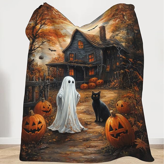Halloween Blanket, Ghost Black Cat Fleece Flannel Throw Blanket, Pumpkin Soft Lightweight Stuff Throws Gifts for Women Men Boys Girls Lovers Adults Lovers Sofa Decor 60"x50"
