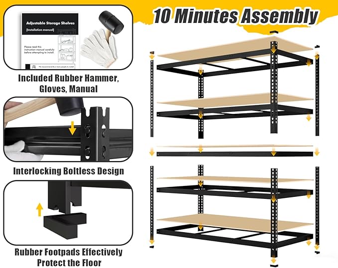 48" W x 24" D x 72" H Garage Shelving Heavy Duty: 5 Tier Metal Storage Shelves - Adjustable Shelving Unit, Utility Rack Shelf for Pantry, Warehouse, Office, Kitchen, Black, 3PCS