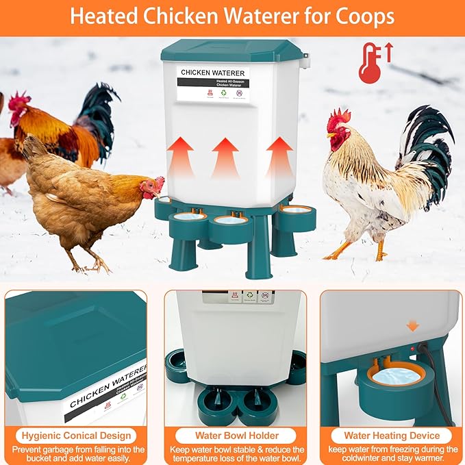 Heated Chicken Waterer, Plastic Chicken Water Heater, Anti-Freeze Heated Poultry Drinker with 4 Cups, Winter and Summer Dual-use, Poultry Water Heater for Chickens, Ducks, Geese - Green 7L