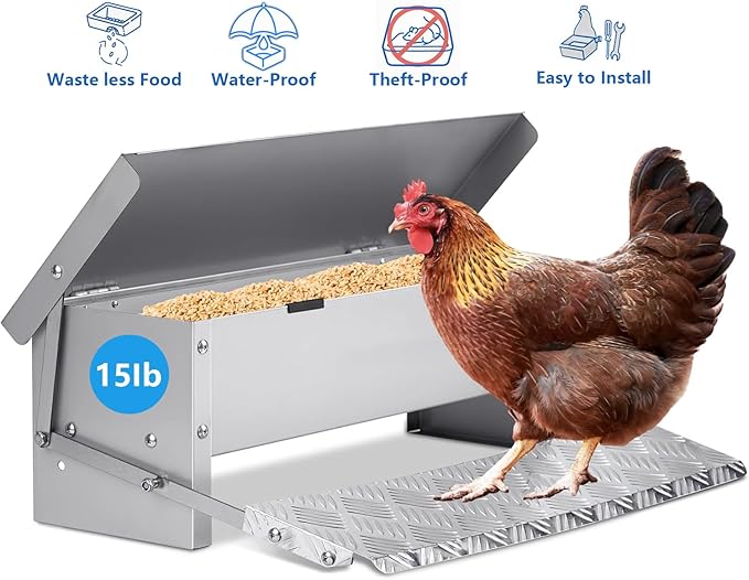 2025 New Treadle Chicken Feeder Automatic 15 lb Large Capacity and Sturdy Galvanized Chicken Feeder with Rat Proof and Waterproof lid Pedal operates The Automatic Switch No Waste and spillage