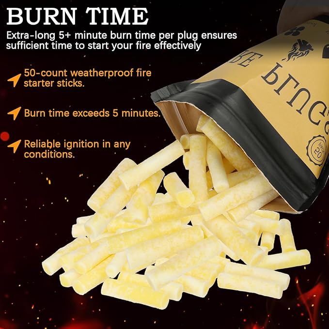 50 Pack-Fire Plugs, Weatherproof Fire Starters for Emergencies, Survival,Campfires,Charcoal Grill, Long Burn Time,Fire Pits-Non-Toxic