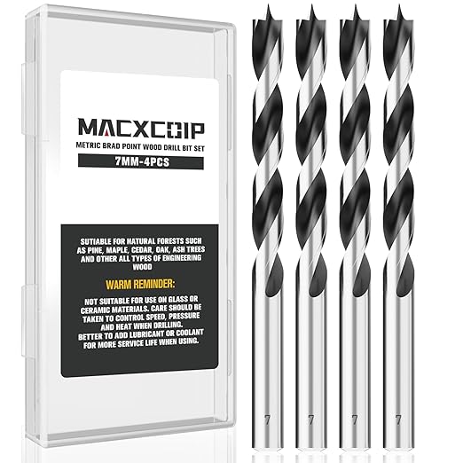 7MM Metric Brad Point Wood Drill Bit Set, 4Pcs Drill Bit Set with Double Flutes Design for Carpenter Woodworking and All Types of Wood
