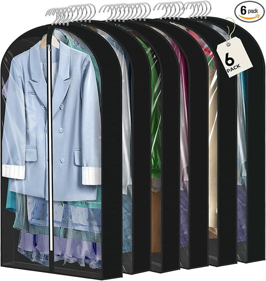 6 Pcs 60" Garment Bags for Hanging Clothes, Clear Suit Bags for Closet Storage Clothing Storage, Garment Bags Shoulder Covers with 4" Gussets for Coats, Jackets, Shirts and Sweater Black