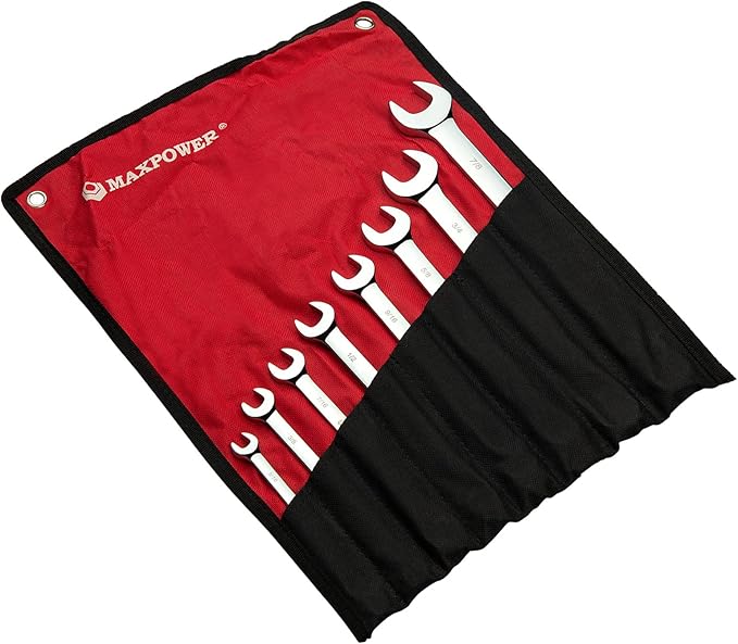 MAXPOWER 8PCS SAE Combination Wrench Set, Professional Open and Box End Spanners with Mirror Finish, Made with Forged and Heat-Treated Cr-V Steel, 12-Point Design, Size Includes 5/16in - 7/8in