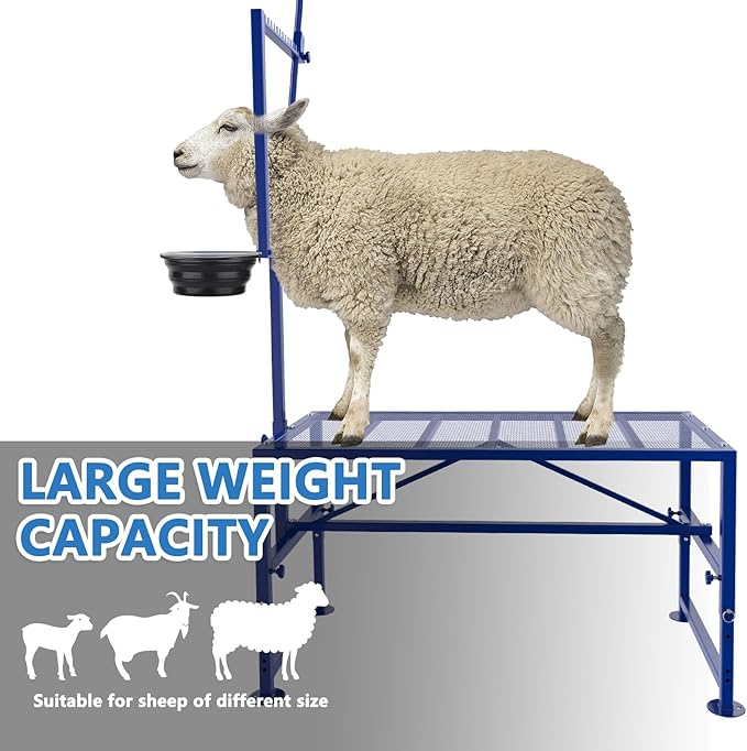 600 LBs Goat Stand with Feed Bin, Goat Milking Stand for Sheep Trimming and Milking, Hoof Trimming Stand Adjustable Size, with Feeder, Iron Blue