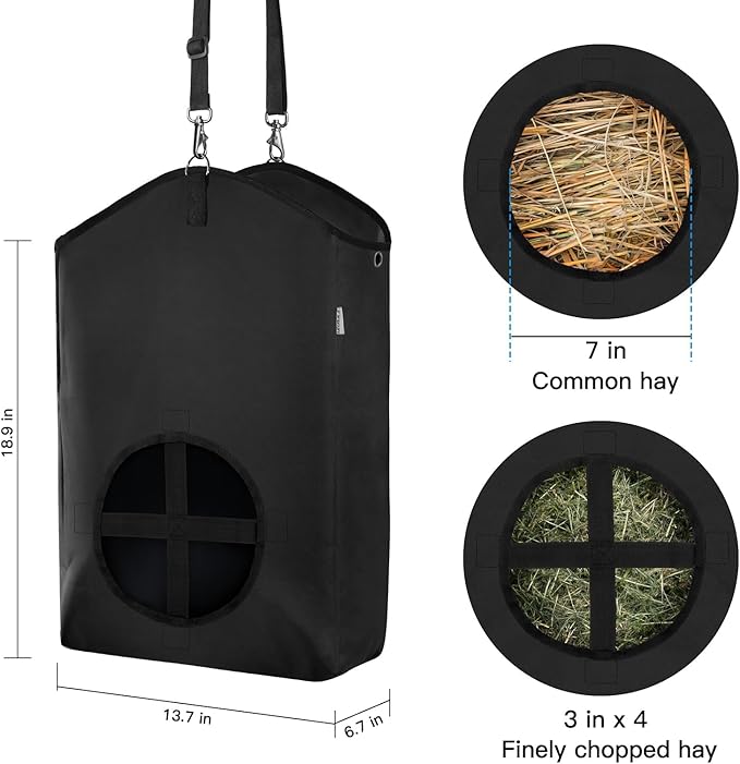 Goat Hay Feeder,Hay Bags for Goats,Horses,Sheep,Premium 600D Oxford Cloth,with Metal Fastener and Adjustable Open Feed Hole for Slow Feeding,Easy to Fill and Hang with Large Opening (Black)