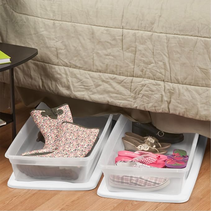 Sterilite 6 Pack Storage Box, 41 Quart Stackable Tote, Clear Plastic Container with Secure Snapping Lids for Home and Office Organization, White