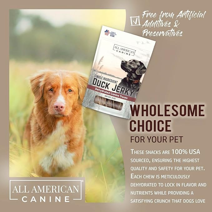 Duck Jerky, Natural Single Ingredient, Chewy Digestible Low-Fat Dehydrated Meat Dog Treats Made in USA. for Training, Rewarding, Teeth Cleaning, 8 oz