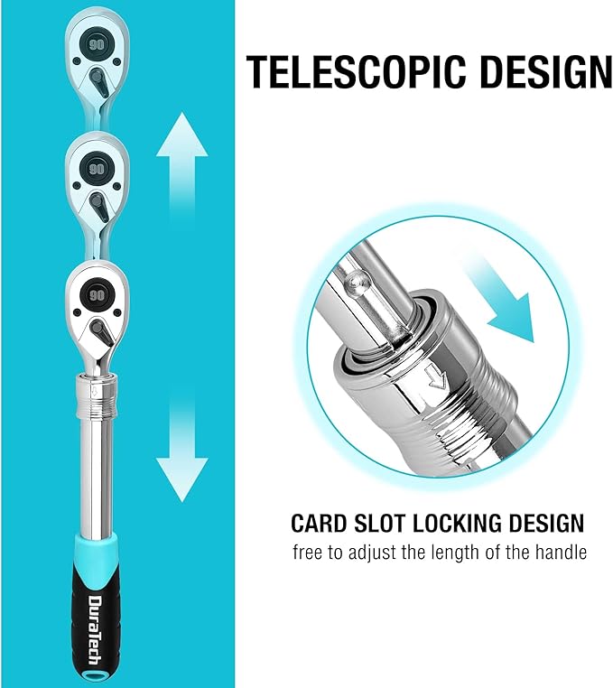 DURATECH 1/2-Inch Drive Extendable Ratchet, 90-Tooth Quick-release Ratchet Wrench with Cushion Handle & Telsecoping Locking Shaft (5 Length Adjustment: 11-4/5" to 17"), Reversible, Chrome Alloy Made