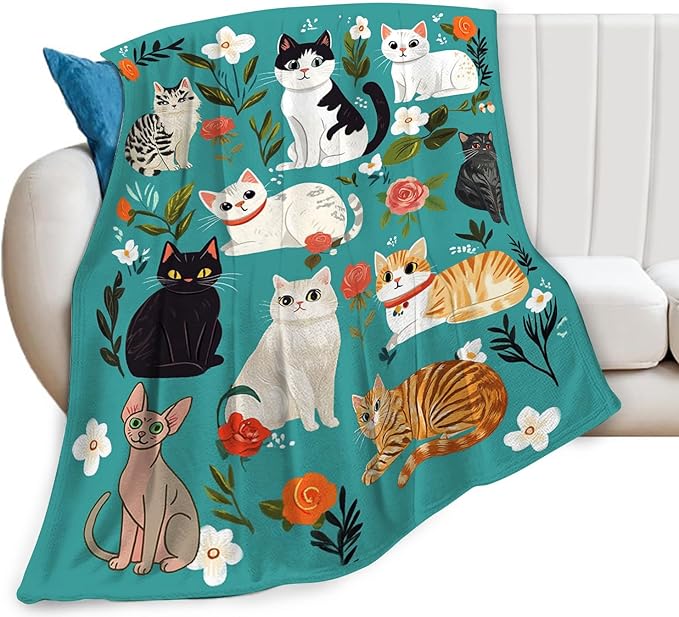 Cat Blanket, Cats Throw Blanket, Floral Gifts Blankets Stuff Fleece Flannel Plush for Girls Women Men Boys Lovers Adults Soft Bedding Gift for Sofa Bed Office Home Decor 80"x60"