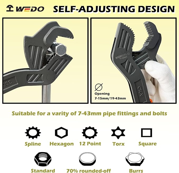 WEDO 8" Universal Adjustable Wrench, Chrome Vanadium Steel, 9-25mm, Anti-Slip Rubber Handle, Spring Loaded, Crowfoot Spanner, Pipe Wrench