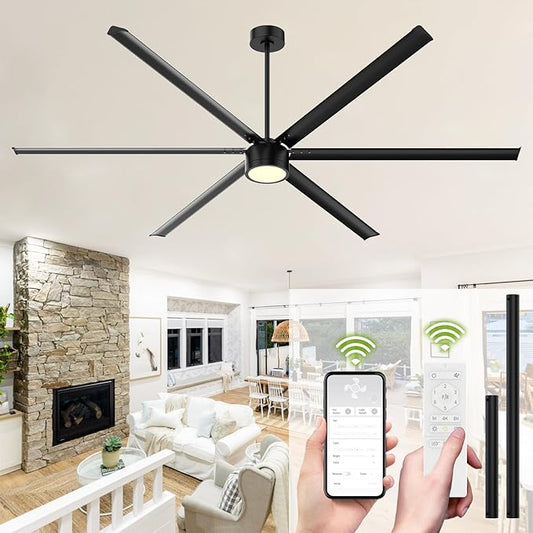96 Inch Industrial Ceiling Fan with Light,Large Ceiling Fan with Remote and APP,6 Reverisble Aluminum Blades,6-Speed,Indoor,Outdoor Ceiling Fans for Patios/Shop/Garage/Commercial Black
