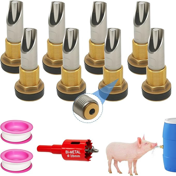 8Pcs Pig Nipple Waterer for Barrel Kit, Automatic Hogs Drinker Feeder with Stainless Steel Pig Water Nipple & Brass Water Tank Connectors & Hole Opener for Hog Sows Piglets Swine