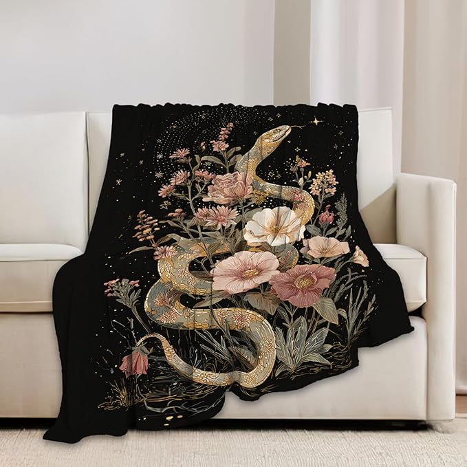 Golden Snake Blanket Fantasy Floral Reptiles Throw Blankets Gifts for Girls Boys Kids Snake Lover Soft Cozy Fleece Plush for Couch Sofa Bed 80"x60"