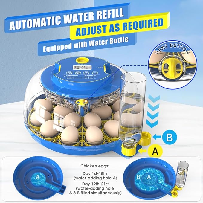 18 Egg Incubator for Hatching Chicken, Quail, Duck & Turkey, Automatic Egg Turner, Humidity Control & Digital Display, Includes Egg Candler, Auto Water Refill, Farm & Home Use (18 egg incubator)