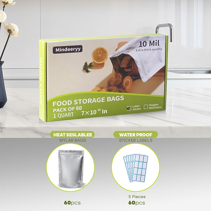 60pcs 1 Quart Mylar Bags for Food Storage - ExtraThick 10 Mil - Smell Proof Mylar bags 1 Quart - Stand-Up Zipper Pouches 7x10 Inch - Small Mylar Bags Food Container Sets - Heat Sealable
