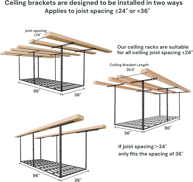 SunsGrove 3x8 Garage Storage Overhead Rack Organization, Adjustable Ceiling Mounted Storage Racks, 800LBS Weight Capacity, 22"-40" Ceiling Dropdown, 2 Pcs, Black