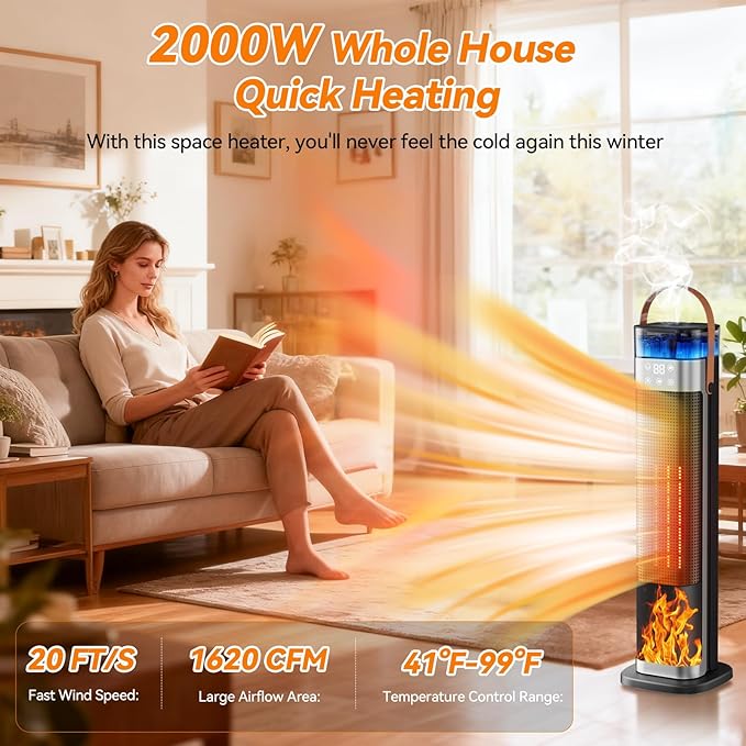 Tower Space Heater, Portable Electric Space Heaters for Indoor Use with Thermostat,Spray Humidification,3D Simulated Charcoal Flame,Remote,2000W PTC Ceramic Fast Safe Heating for Bedroom Home Office
