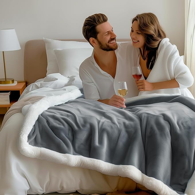 Waterproof Blanket Double Size - Sherpa Fleece Reversible Throw, Soft Warm Leak-Proof Bed & Couch Protector for Kids, Pets & Everyday Spills (Velvet Gray/Cloud White, 85x90)