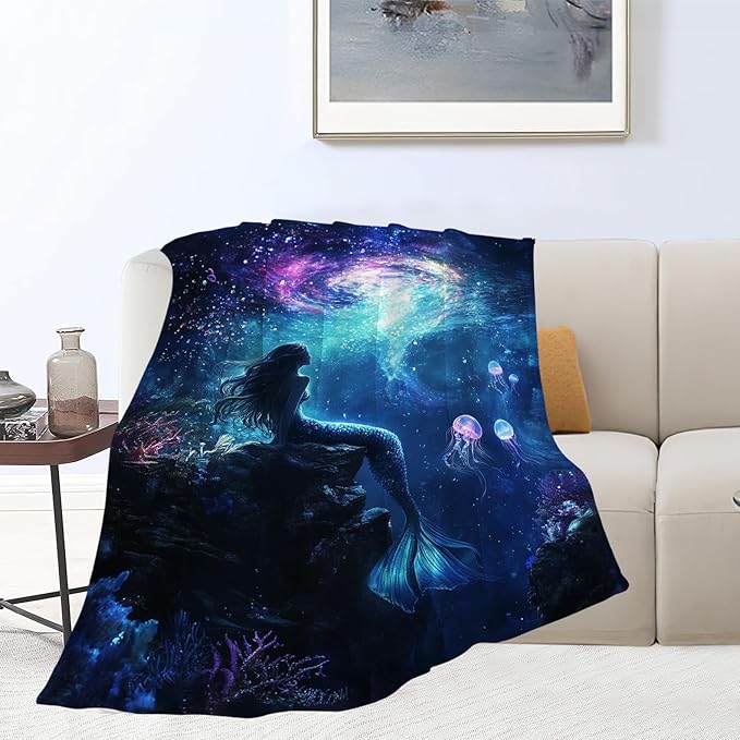Mermaid Blanket, Blue Ocean Throw Blanket, Underwater Jellyfish Gifts Blankets Stuff Fleece Flannel Plush for Girls Women Men Boys Lovers Adults Soft Bedding Gift for Sofa Bed Office Decor 80"x60"