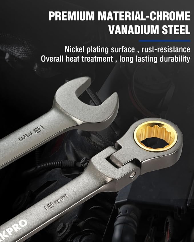 WORKPRO 18 mm Flex-Head Ratcheting Combination Wrench, Cr-V Constructed, Nickel Plating, 72-Teeth, 12 Point Design, Metric