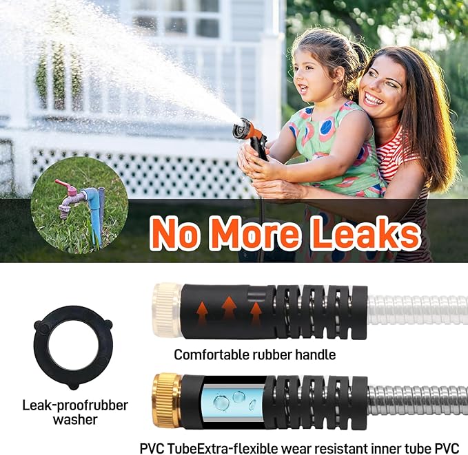 Garden Hose 50FT Stainless Steel Water Hose with 10 Functions Adjustable Spray Nozzle, Heavy-Duty Metal Garden Hose Flexible Durable No-Tangle & Kink Leak Dog Proof Hose for Yard Lawn(Orange)