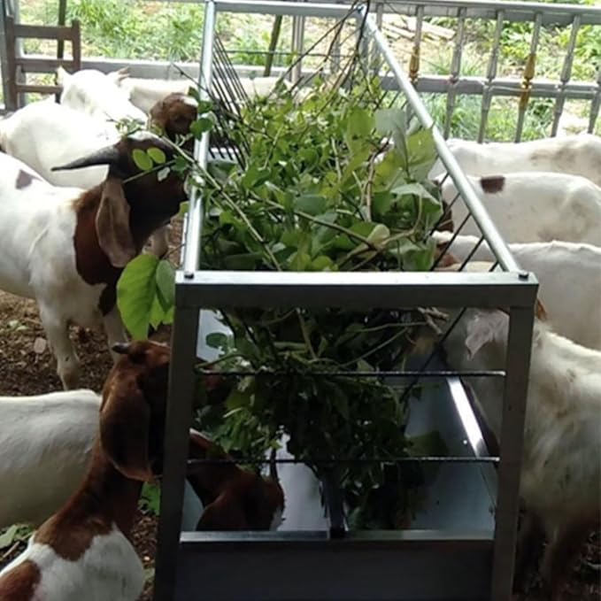 92 Gallon Goat Hay Feeder, 33.4" Height 60" Length Goat Feeder, Hay Rack Galvanized Steel Hay and Grain in One, Ease of Assembly, Hand-Powered Feeding Station for Goats, Sheep, Horses, Silver