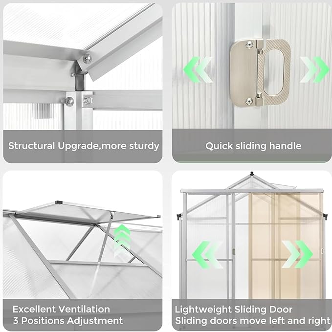 6 x 6 FT Greenhouse for Outdoors,Aluminum Walk-in Greenhouse,Silver