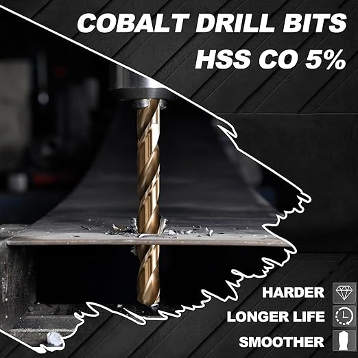 1/4 Hex Shank Cobalt Drill Bit Set 16Pcs 1/16"-3/8", M35 HSS Twist Impact Drill Bits for Metal and Hardened Steel, with Indexed Storage Case