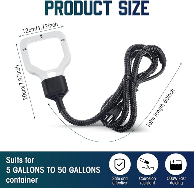 1 Pack 500 Watt Stock Tank Heater Chicken Water Heater, Cast Aluminum Submergible De-icer, Thermostatic Control Water Trough Pond for Livestock Poultry Bird Bath, Cow, Horse Drinking (500w)