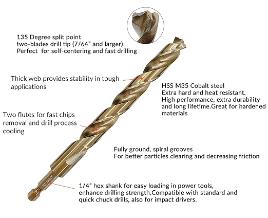 NordWolf 14-Piece M35 Cobalt Drill Bit Set for Stainless Steel, Hard Metals & Cast Iron, Jobber Length with 1/4" Hex Shank, SAE Sizes 1/16" to 3/8" in Storage Case