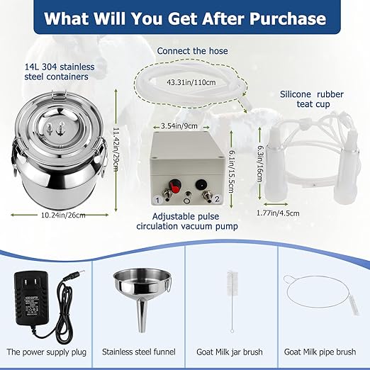 2025 Upgrade 14L Goat Milking Machine, Continuously Adjustable Suction Pulsation Vacuum Electric Milker, Portable Livstock Milking Machine with Stainless Bucket(US Plug)(14L Goat)