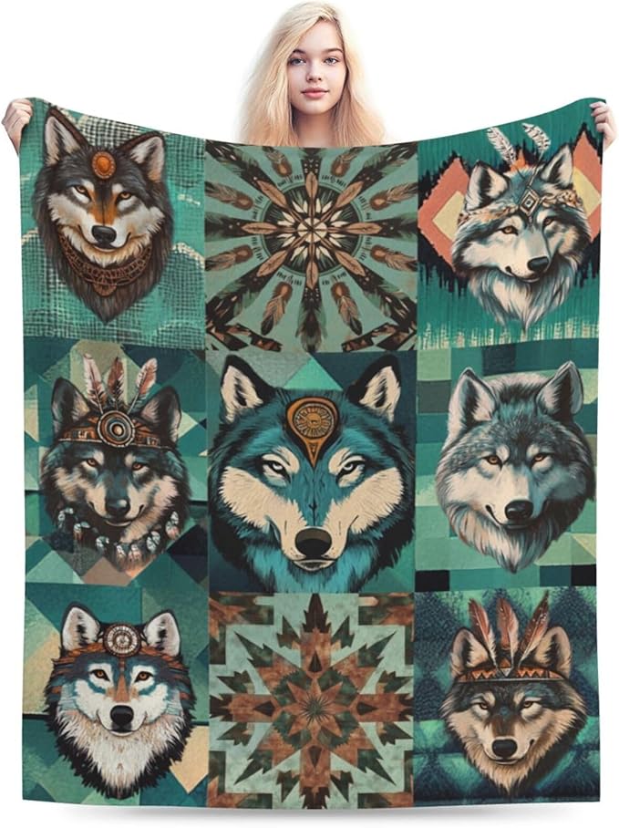 Wolf Cozy Soft Teal Flannel Plush Throw Blanket - Warm Fluffy Wolf Fleece Bedding Stuff Decor - Gifts for Lover Girls Boys Kids Adults Women Bed Travel - 60"x80"