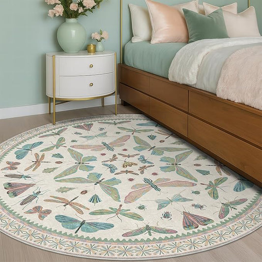 Green and Blue Insect 6ft Round Soft Rugs for Bedroom Beside Bed - Non Skid Rug Low Pile Washable Living Room Rugs, Forest Butterfly Design Stain Resistant Home Décor