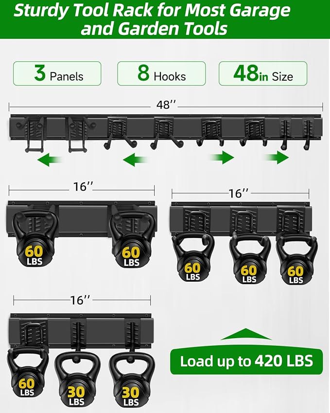 Garden Tool Organizer 48 in with 18 Garage Hooks, Heavy Duty Garage Wall Hooks for Hanging Ladder, Bike, Tool Storage Rack for Yard Tools, Shovel, Shed (23 Pack)