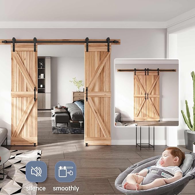 EaseLife 8 FT Double Sliding Barn Door Track and Handle Hardware Kit,Straight Pulley,Slide Smoothly Quietly,Easy Install (8FT Track Kit for 20"~24" Wide Double Door)