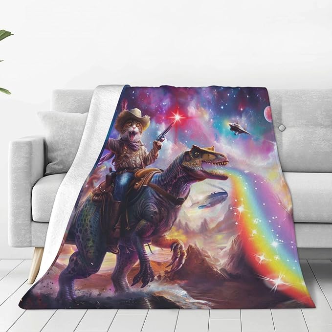 Funny Cat Dinosaur Blanket Galaxy Space Rainbow Decor Throw Blanket Cozy Plush Flannel Fleece Warm Soft Lightweight Fuzzy Blanket Funny Gifts for Boys Girls Teens Women for Bed Sofa Couch 50"X60"