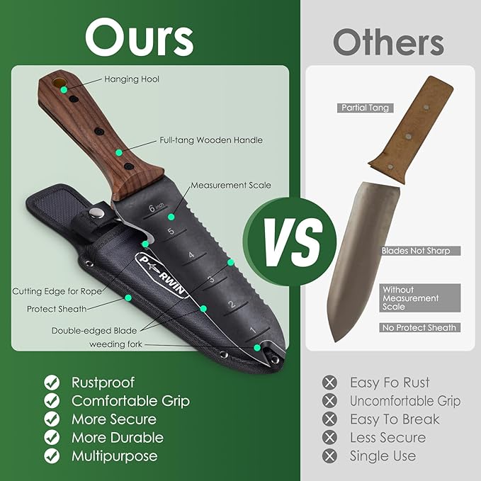 Hori Hori Garden Knife, Garden Tools with Sheath for Weeding, Planting, Digging, 7" Stainless Steel Blade with Cutting Edge, Full-Tang Walnut Wood Handle with Hanging Hole