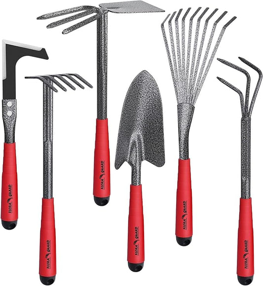 FLORA GUARD Garden Tool Set, 6-Piece Heavy Duty Gardening Hand Tools with Soft Rubber Handle, Includes Trowel, Rake, 2-in-1 Hoe & Crack Weeder, Durable Yard Tools, Ideal Gardening Gift for Men & Women