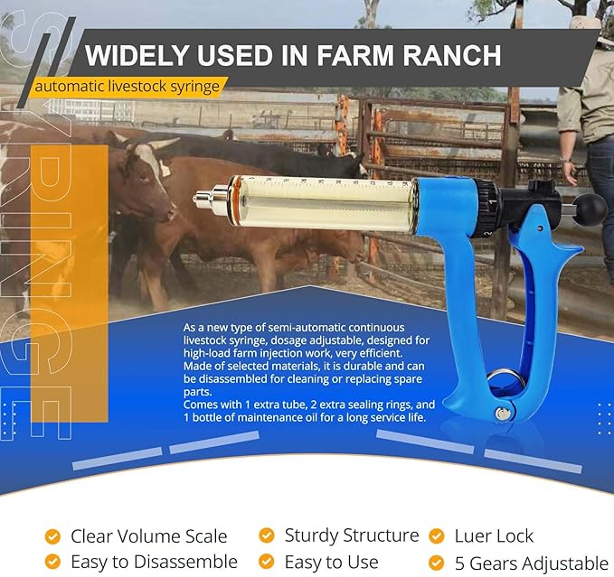 50ML Semi Automatic Livestock Syringe for Cow Goat Cattle Sheep Pig, 5 Gears Adjustable Continuous Repeating Injection, Veterinary Cattle Vaccine Luer Lock Syringe with 2 Tubes