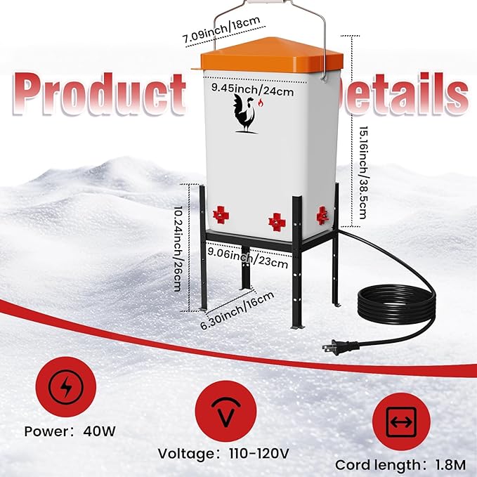 Heated Chicken Waterer, 3.2 Gallon Chickens Poultry Waterer with Nipples, Height Adjustable & Detachable Stand, All-Season Chicken Coop Waterers, Chicken Water Heater (12L, Orange Cover)