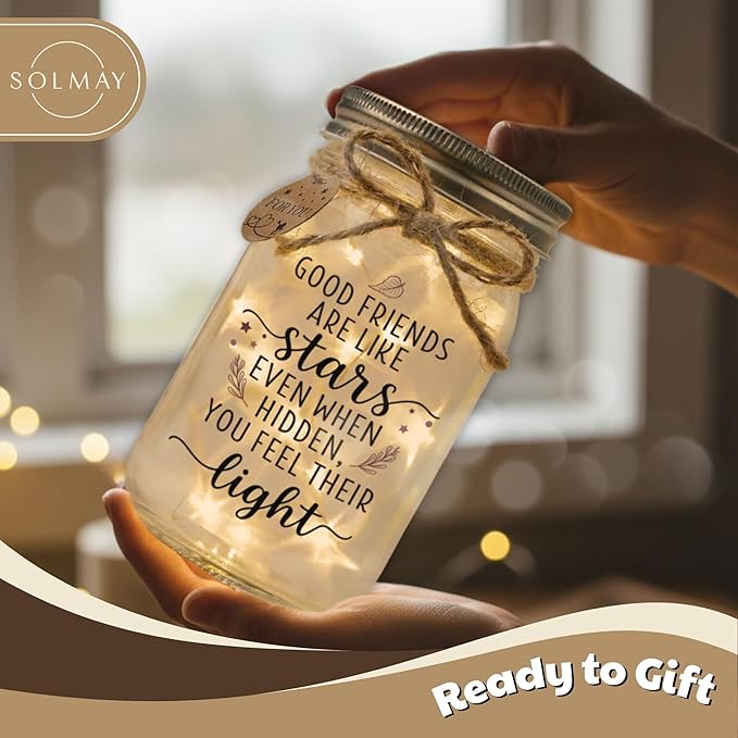 SOLMAY Friendship Gifts for Women – “Good Friends Are Like Stars” Mason Jar Night Light, Best Friend Birthday Gift for Women, Sentimental Christmas Gifts for Her, Cozy Rustic Home Decor Ready to Gift