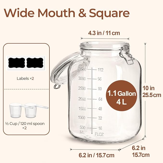 ComSaf Large Glass Storage Containers with Lids, 1.1 Gallon Glass Jar with airtight Lid for Rice, Wide Mouth Mason Jars with Measurement Mark, Flour Sugar Storage Containers 135oz, Set of 2, Square